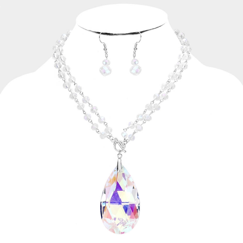 White Clear Beaded Glass Crystal Long Teardrop Pendant Necklace Set Silver